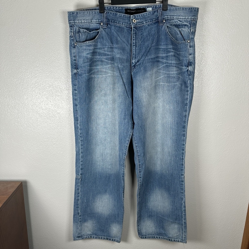 Rocawear Jeans Mens‎ 46x32 Y2K Baggy Denim Vintage Embroidered Green Stitching